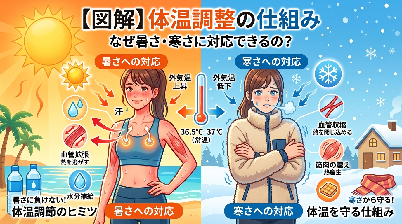 体温調整の仕組みと自律神経や発汗・血流による暑さ寒さへの対応を示したイメージ