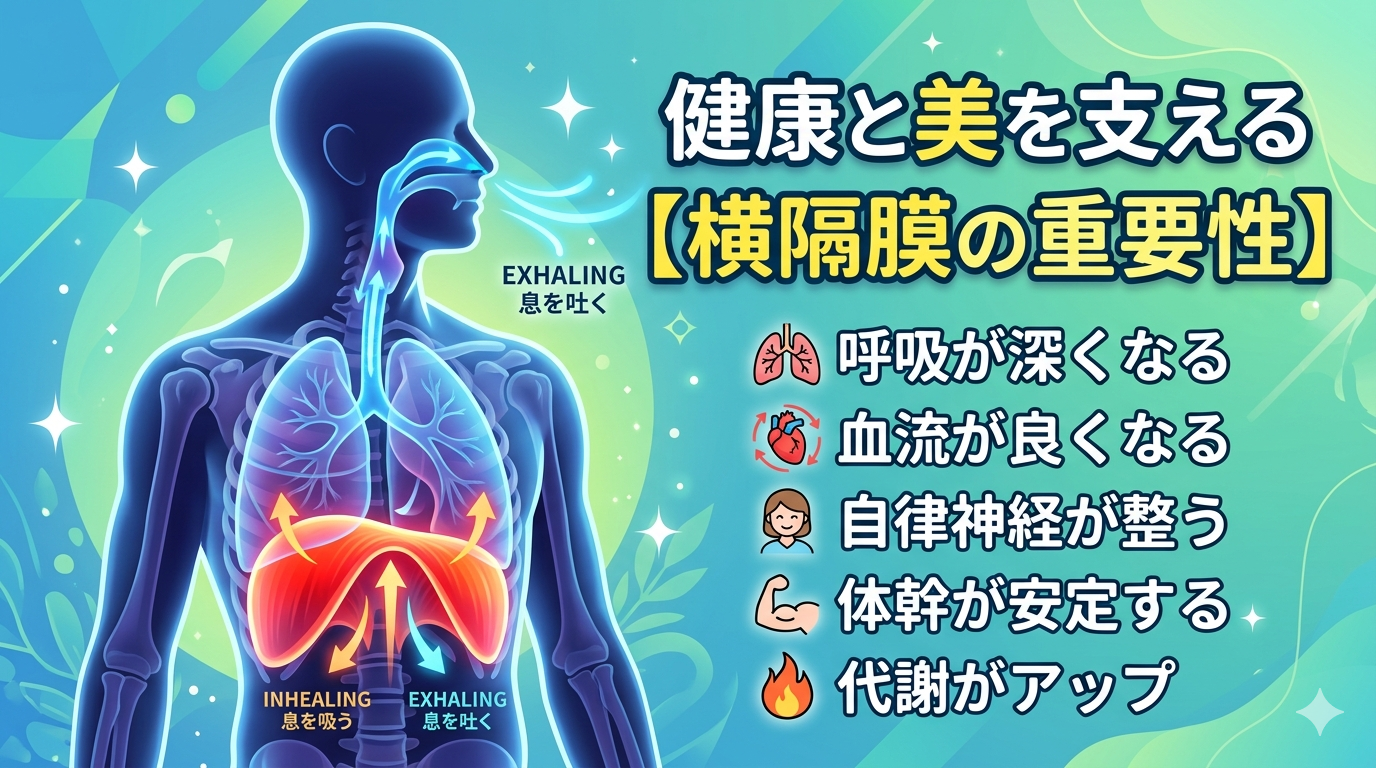 横隔膜の働きと呼吸との関係、健康を支える重要な筋肉であることを示したイメージ