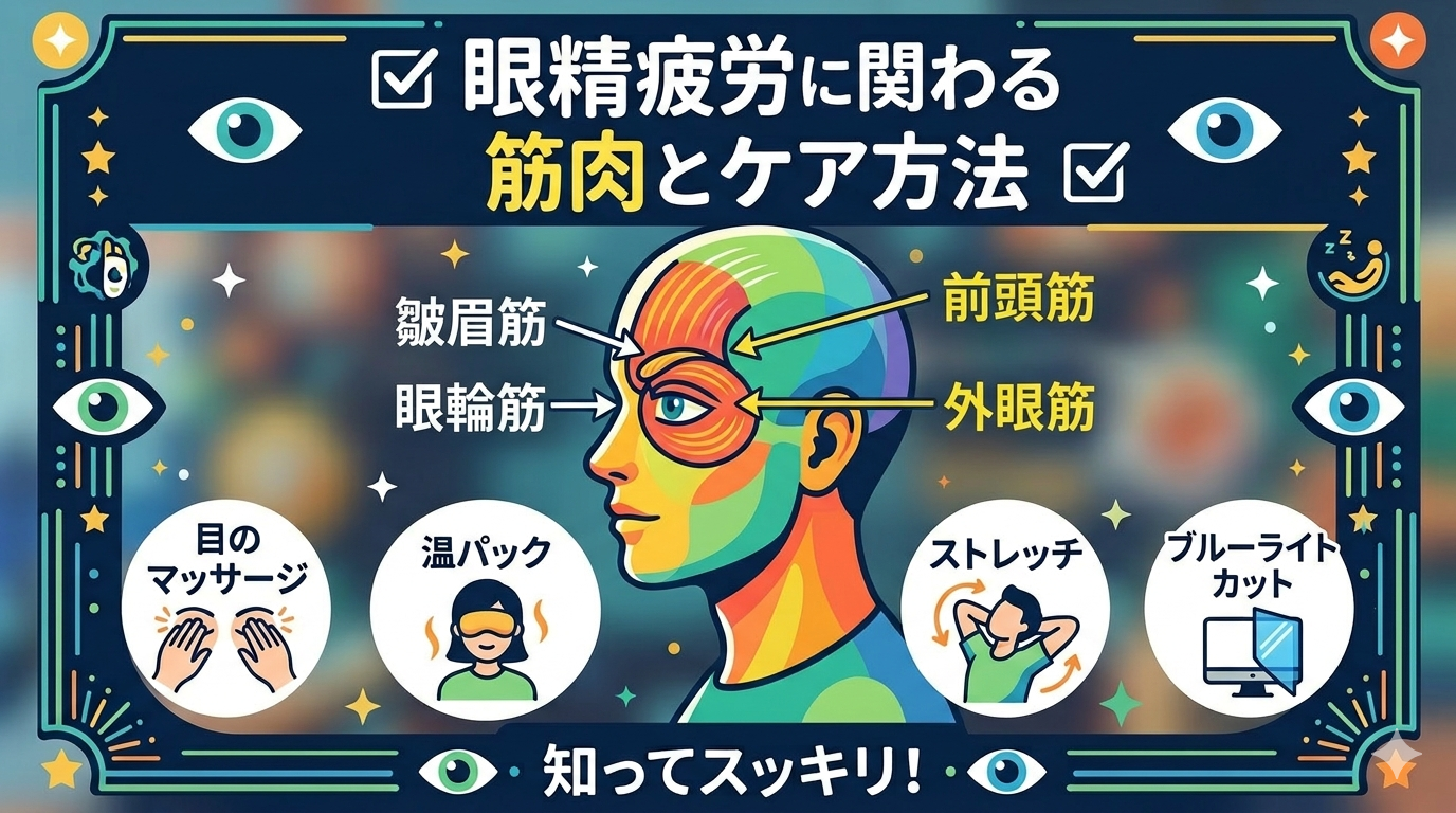 眼精疲労に関わる筋肉（眼輪筋や後頭部の筋肉）とセルフケア方法を示したイメージ