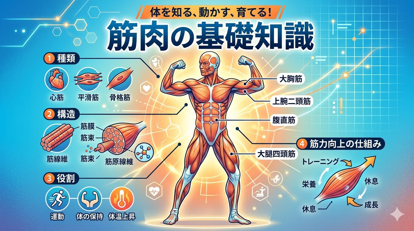 筋肉の基礎知識として構造や働き、役割をわかりやすく示したイメージ