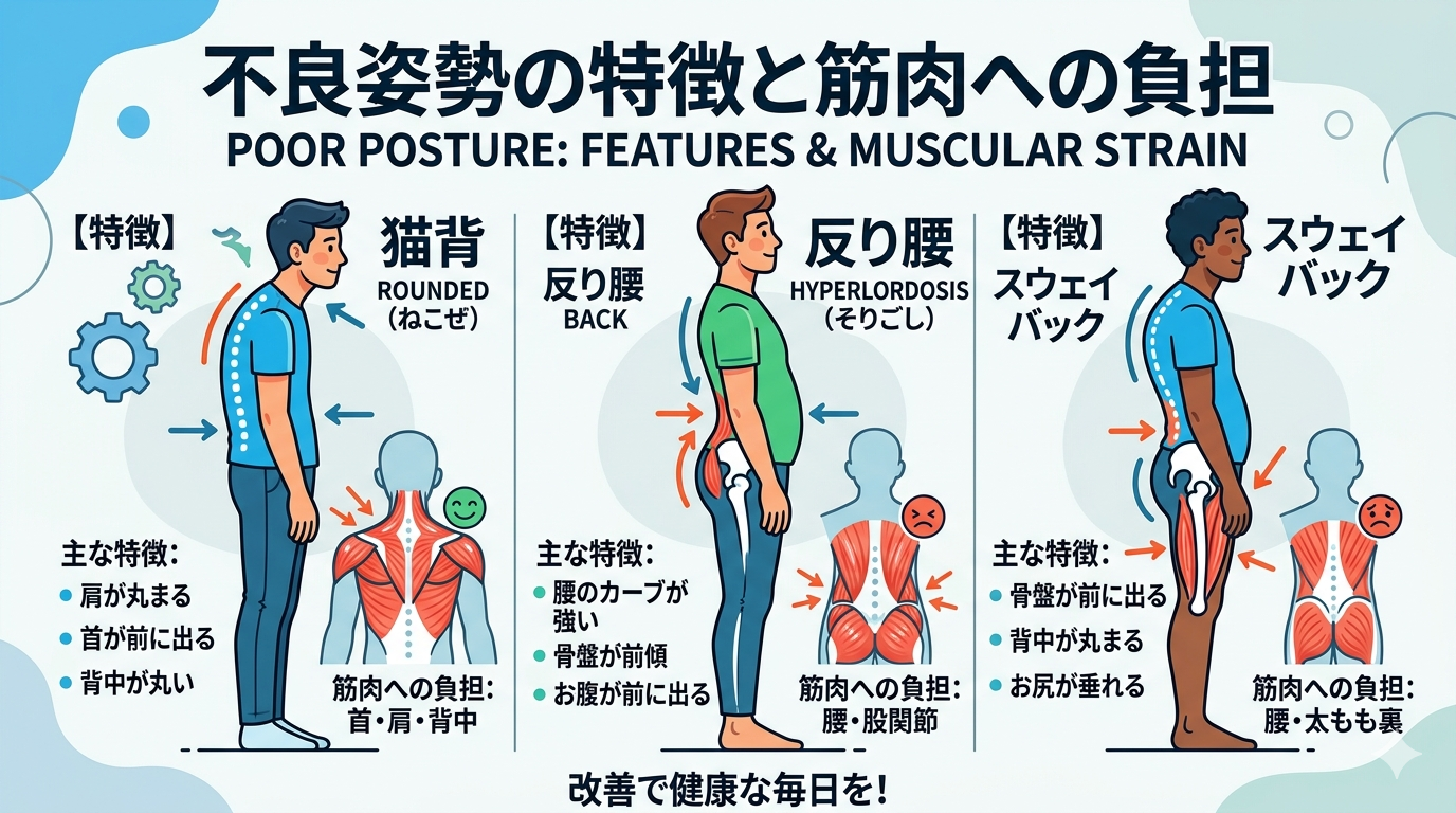 猫背・反り腰・スウェイバックなど不良姿勢の特徴と筋肉への負担を示した姿勢比較イメージ