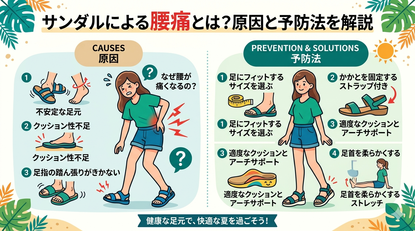 サンダル着用による腰痛の原因と歩行バランスの崩れ、姿勢への影響を示したイメージ