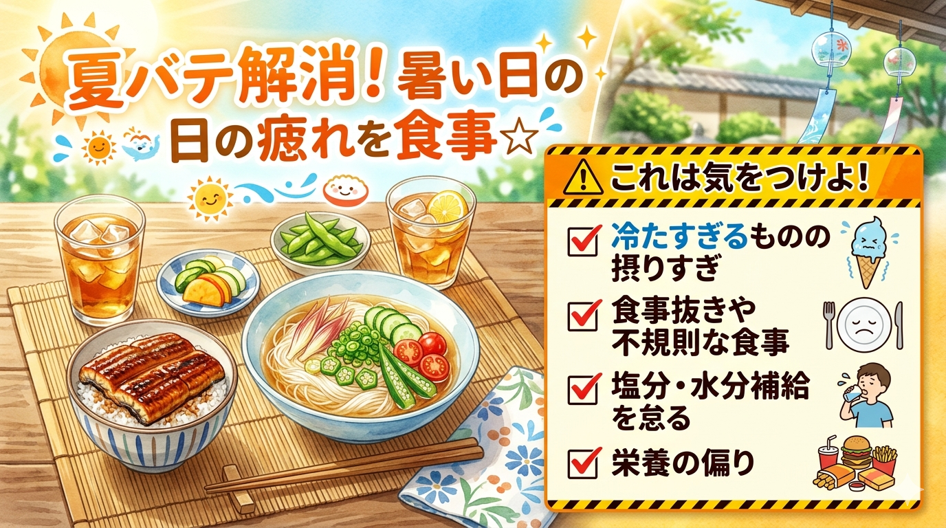 夏バテ解消に効果的な食事と栄養バランス、暑い日の疲れを回復する食材を示したイメージ