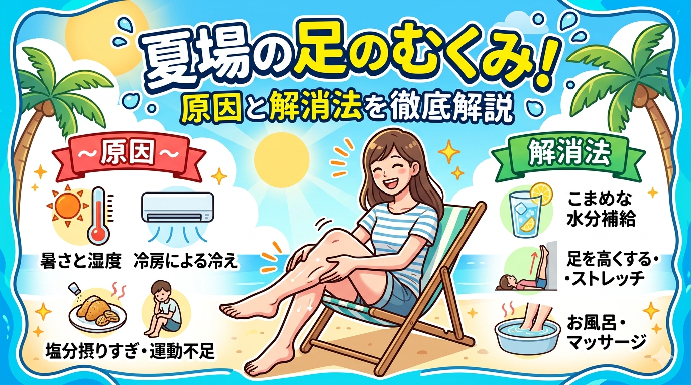夏場に起こりやすい足のむくみの原因と解消法、ふくらはぎの血流やリンパの流れを示したイメージ