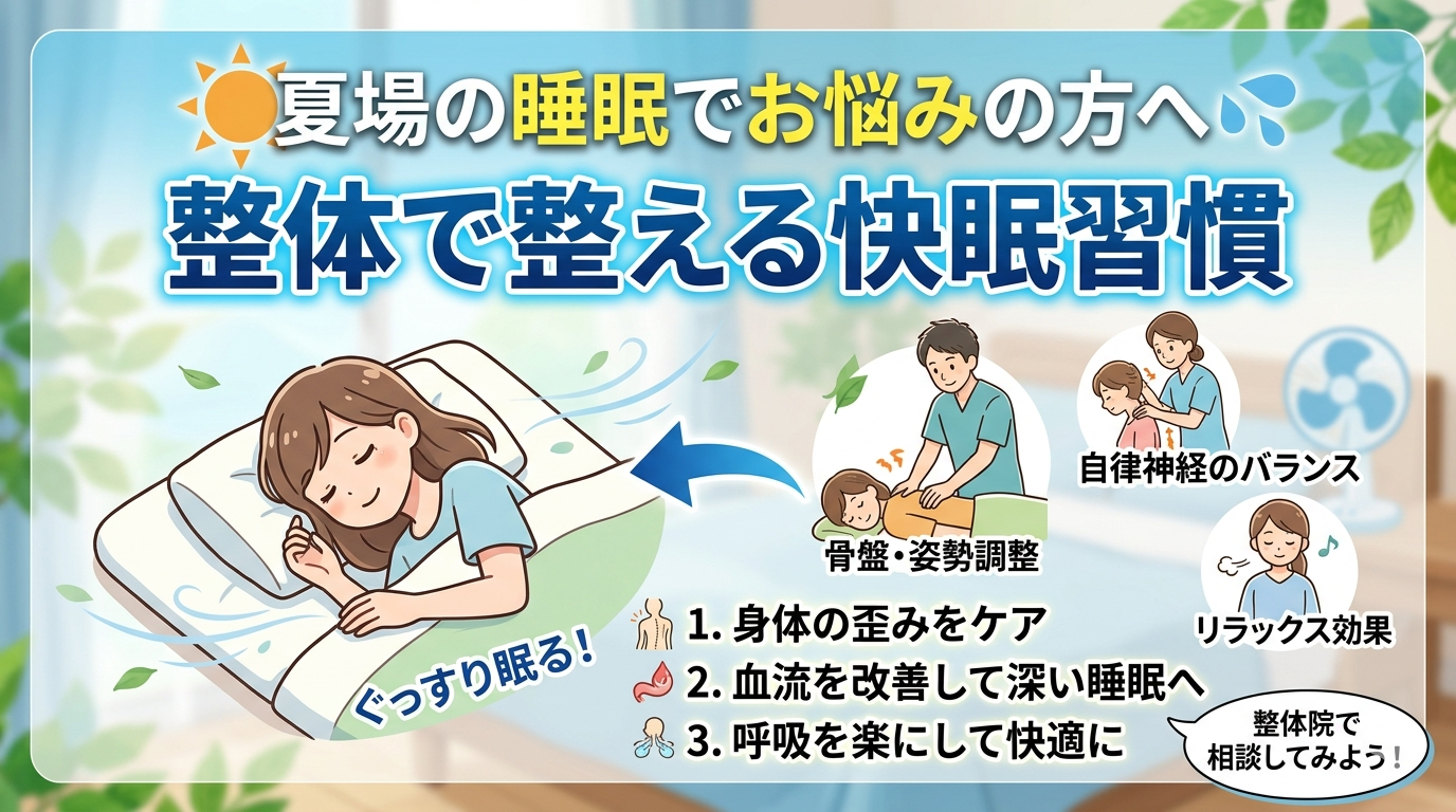 夏場の睡眠の悩みを整体で整え快眠習慣を作る方法と自律神経のバランスを示したイメージ
