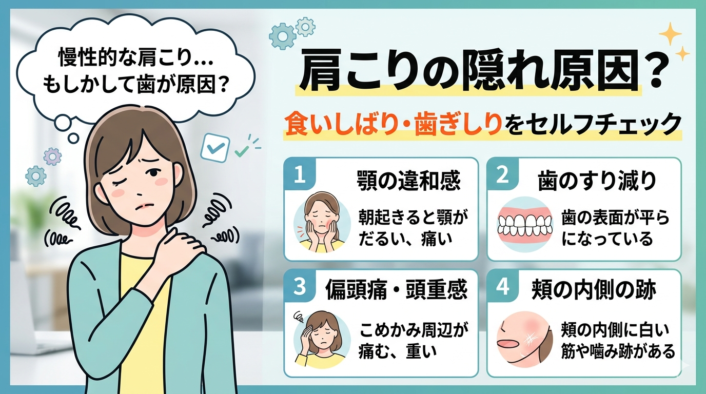 食いしばりや歯ぎしりが原因の肩こりをセルフチェックする方法と咬筋や首周りの筋肉の関係イメージ
