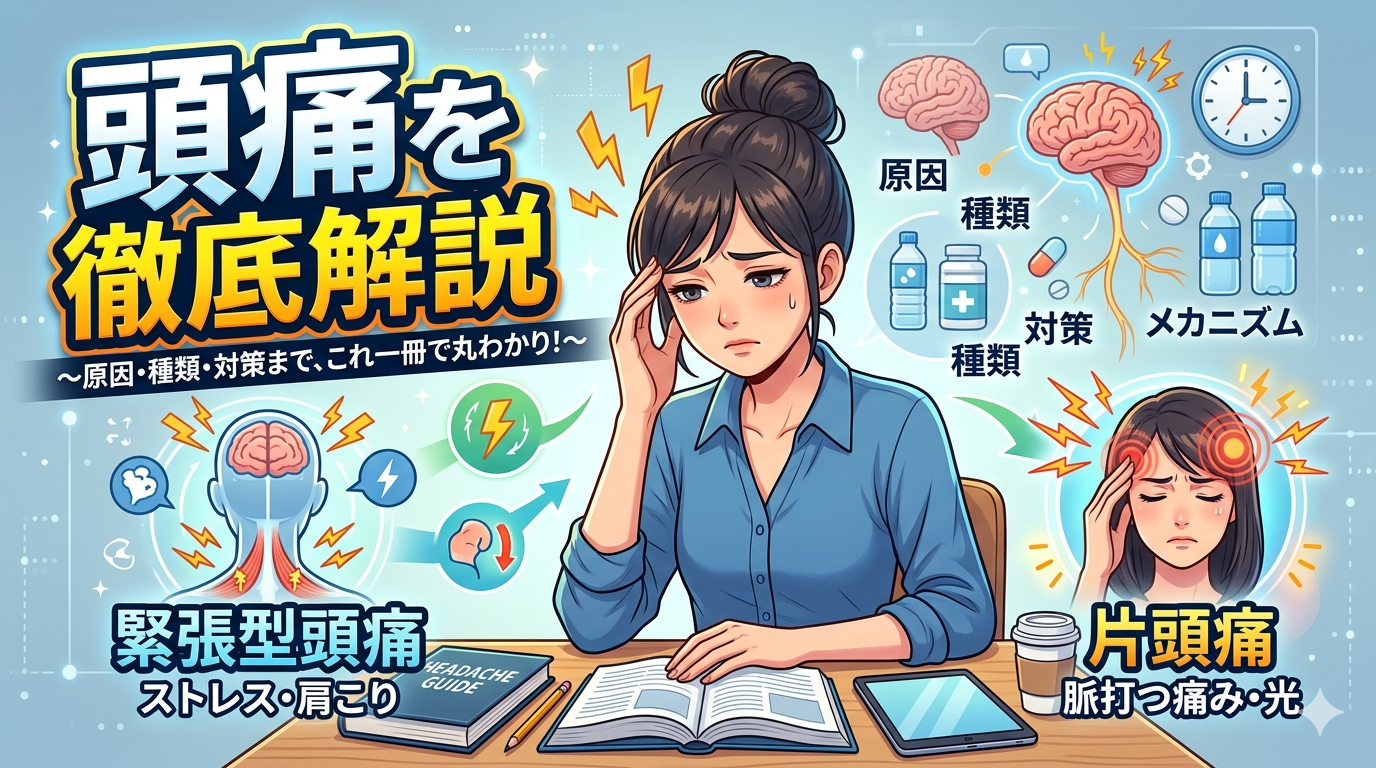 頭痛の原因や種類、対処法をわかりやすく解説するブログ用アイキャッチ画像。頭の痛みやセルフケアのポイントを示した健康情報イメージ。