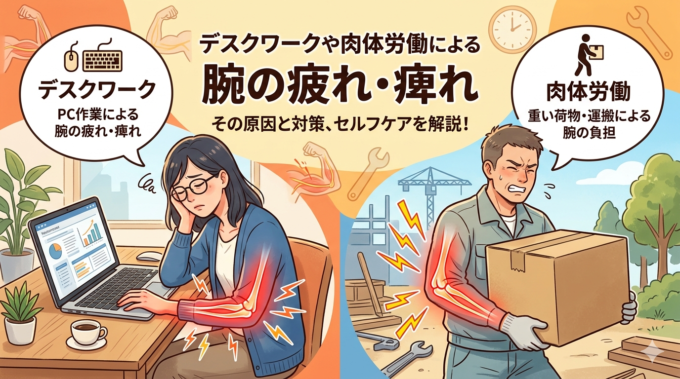 デスクワークや肉体労働によって起こる腕の疲れや痺れと前腕・肩周辺の筋肉の関係を示したイメージ