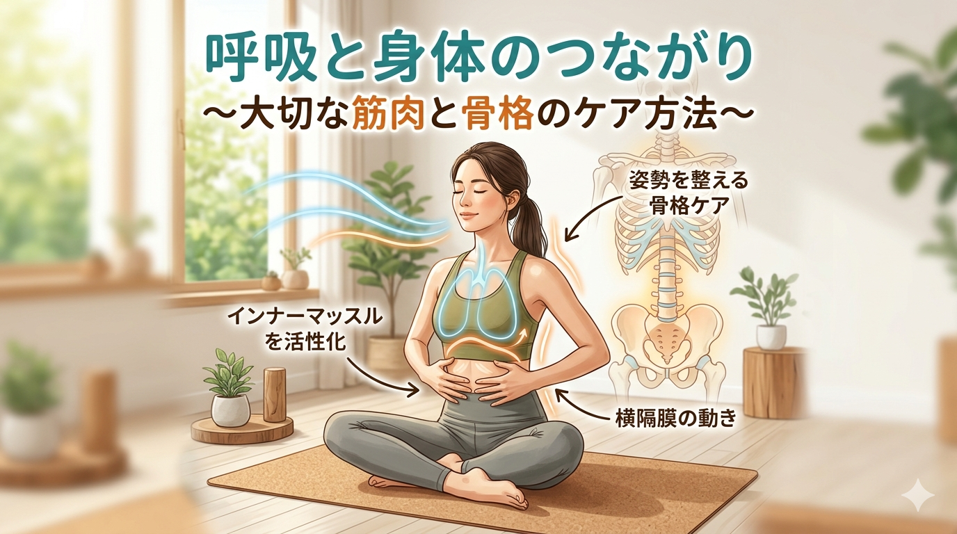 呼吸と身体のつながりとして関わる筋肉や骨の働きと効果的なケア方法を示したイメージ