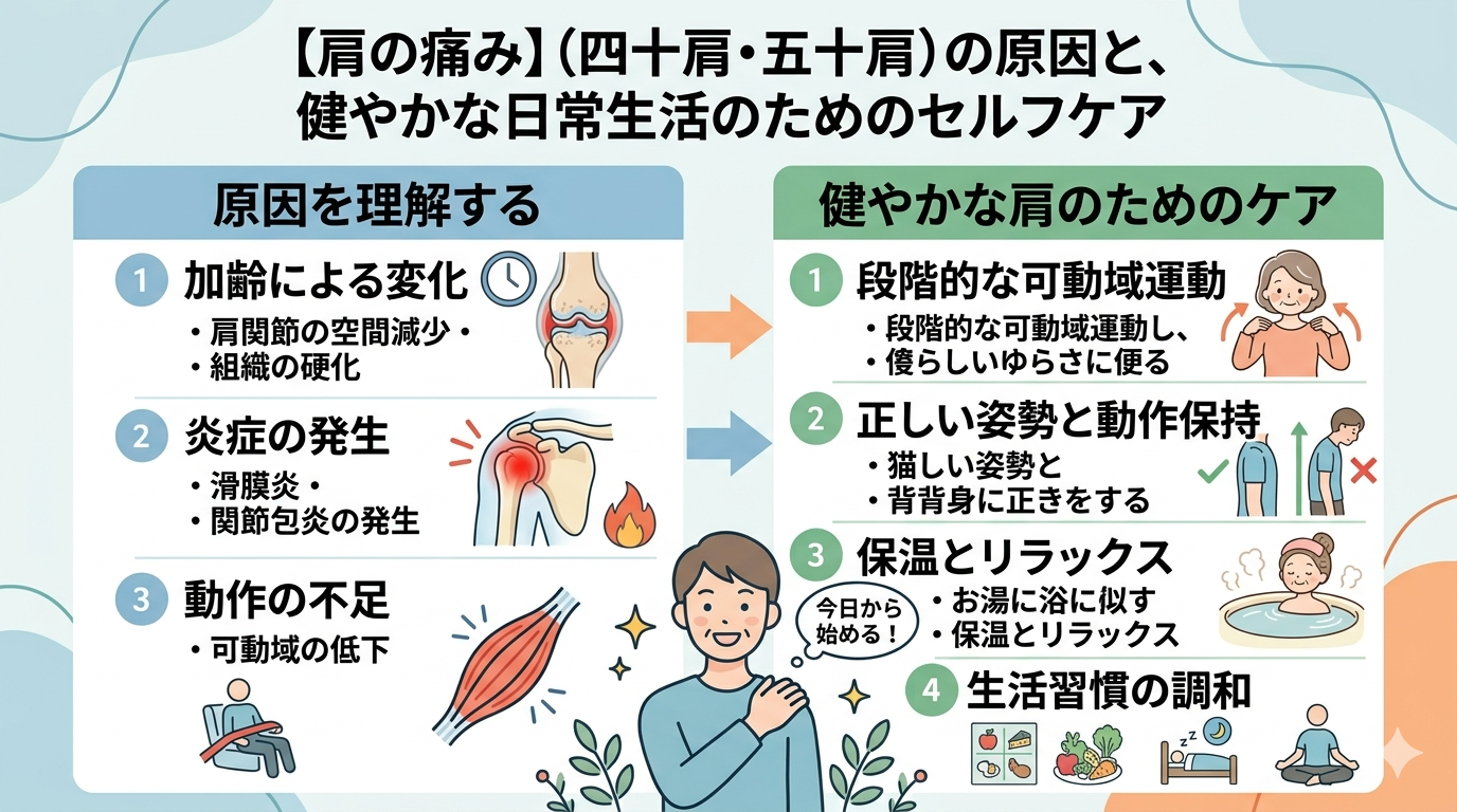 肩関節周囲炎（四十肩・五十肩）の原因と改善ポイントを示す肩関節と筋肉のイメージ