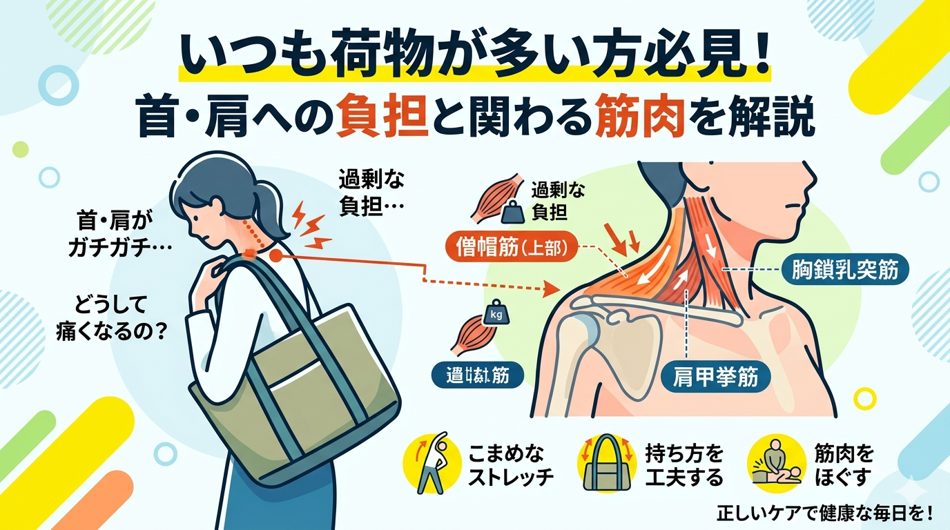 荷物が多いことで首や肩に負担がかかり、僧帽筋や肩甲挙筋に緊張が起きているイメージ
