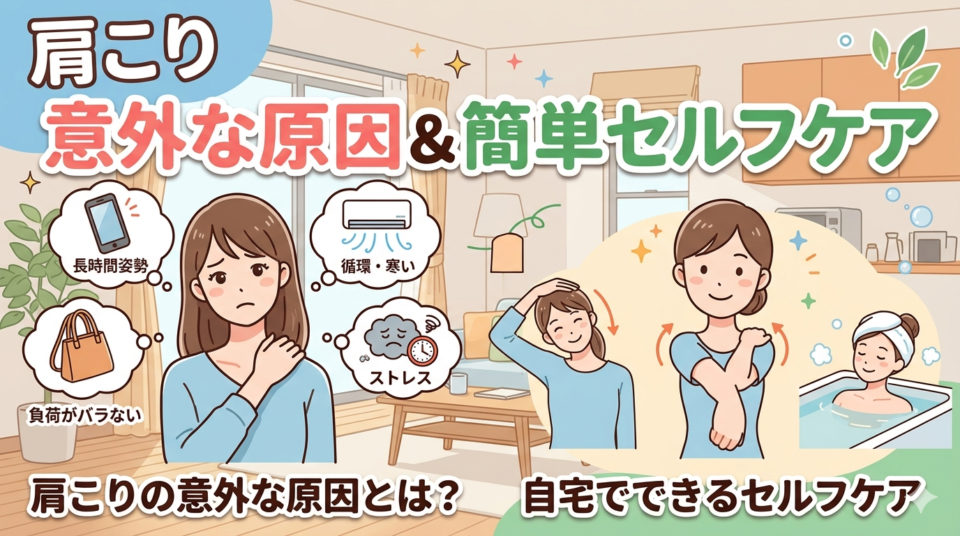 肩こりの意外な原因と自宅でできるセルフケア方法をわかりやすく示したイメージ