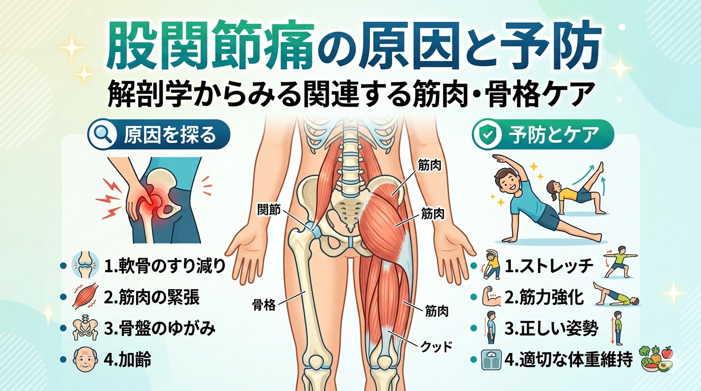 股関節痛の原因を解剖学的に解説し関連する筋肉や骨格と予防・ケア方法を示したイメージ