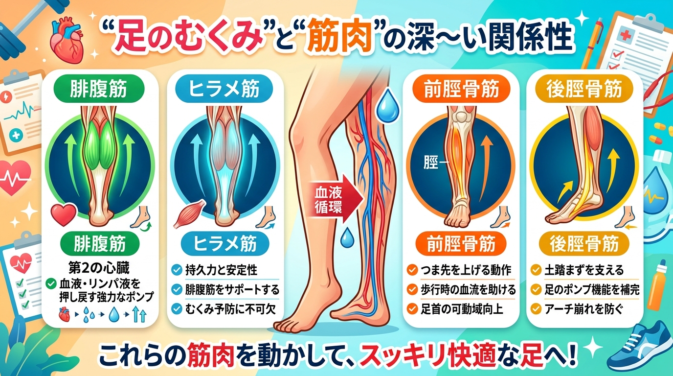 足のむくみに関係する腓腹筋・ヒラメ筋・前脛骨筋・後脛骨筋の働きと血流・リンパへの影響を示したイメージ