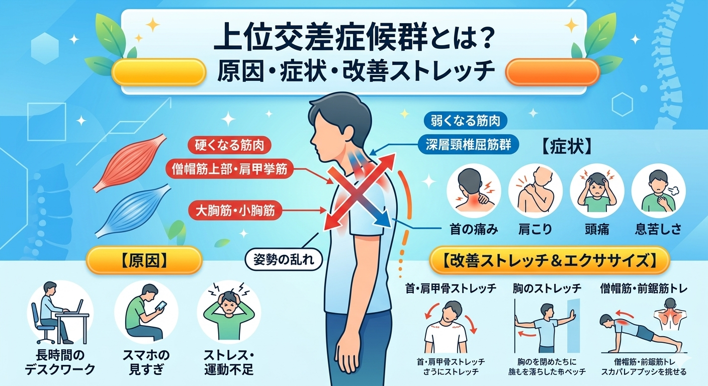 上位交差症候群による筋肉バランスの崩れが巻き肩や猫背、肩こり首こりを引き起こす原因と改善ストレッチを示したイメージ