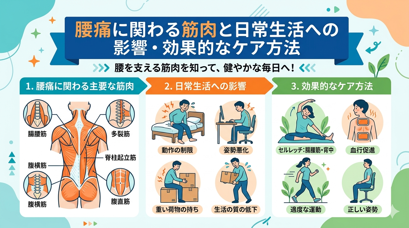 腰痛に関わる筋肉の働きと日常生活への影響、効果的なケア方法を示したイメージ