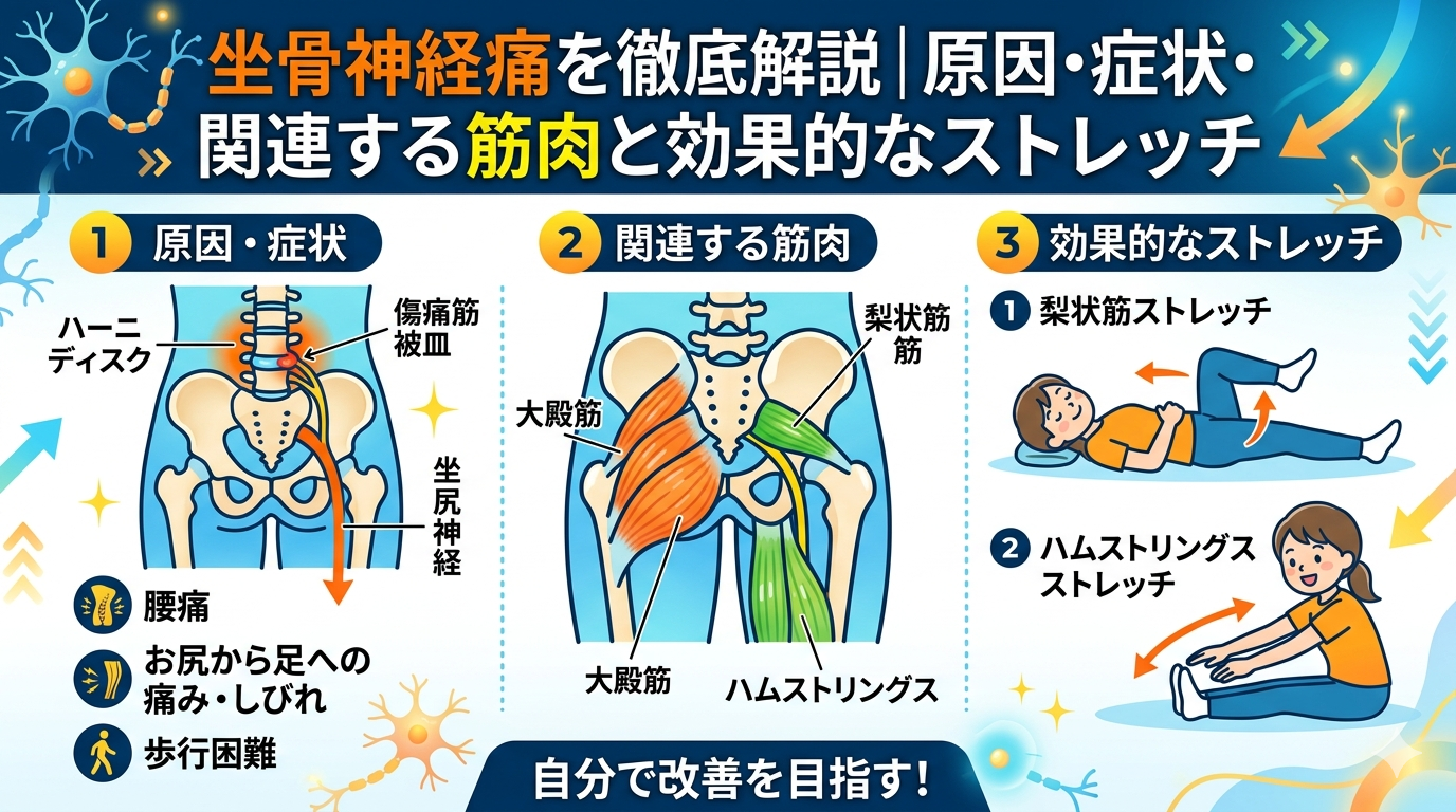 坐骨神経痛の原因や症状、関連する筋肉と効果的なストレッチ方法をわかりやすく示したイメージ