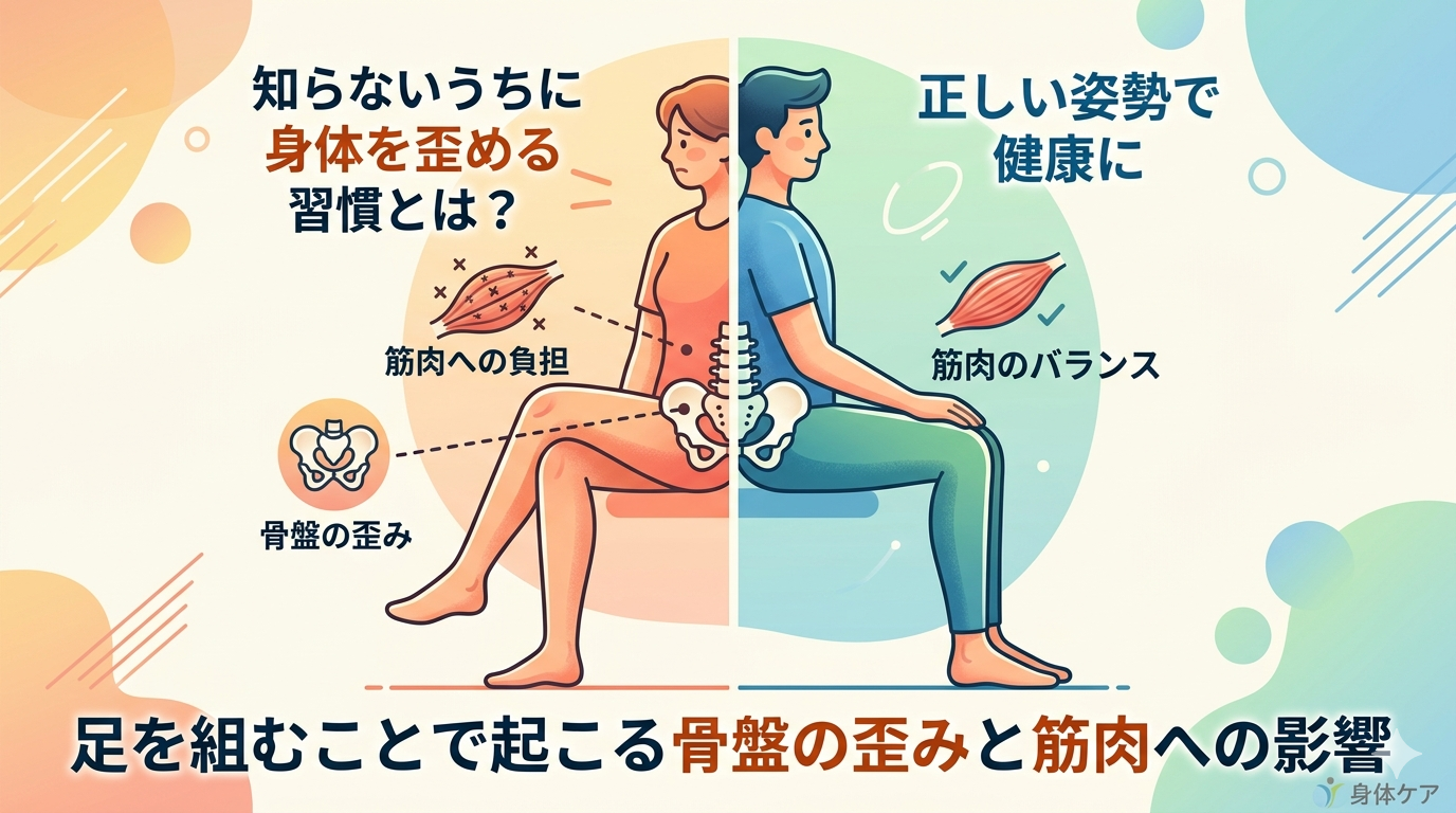 足を組む習慣によって骨盤がゆがみ筋肉バランスに悪影響を与える仕組みを示したイメージ