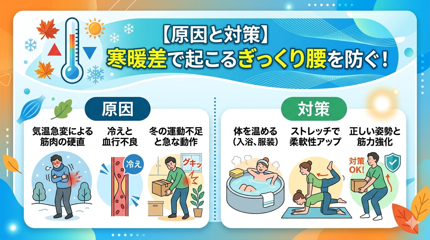 寒暖差によって起こるギックリ腰の原因と急性腰痛を防ぐための対策を示したイメージ