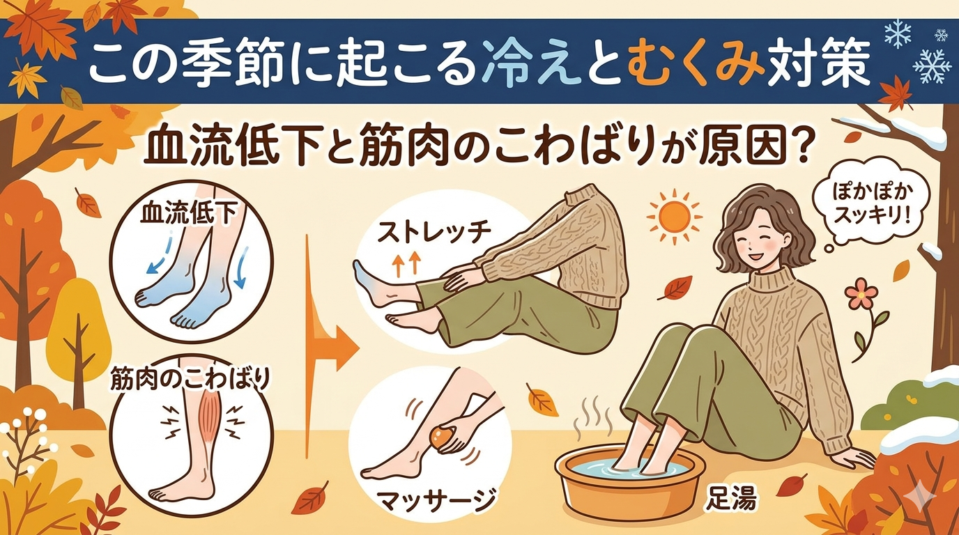 季節の変化で起こる冷えやむくみの原因である血流低下と筋肉のこわばり、対策方法を示したイメージ