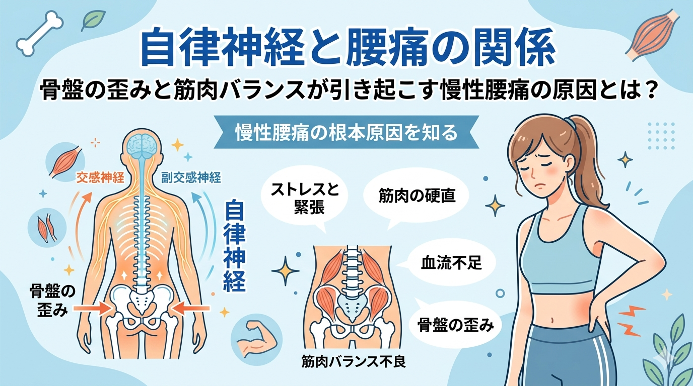 自律神経の乱れと骨盤のゆがみや筋肉バランスの崩れが慢性腰痛を引き起こす関係を示したイメージ