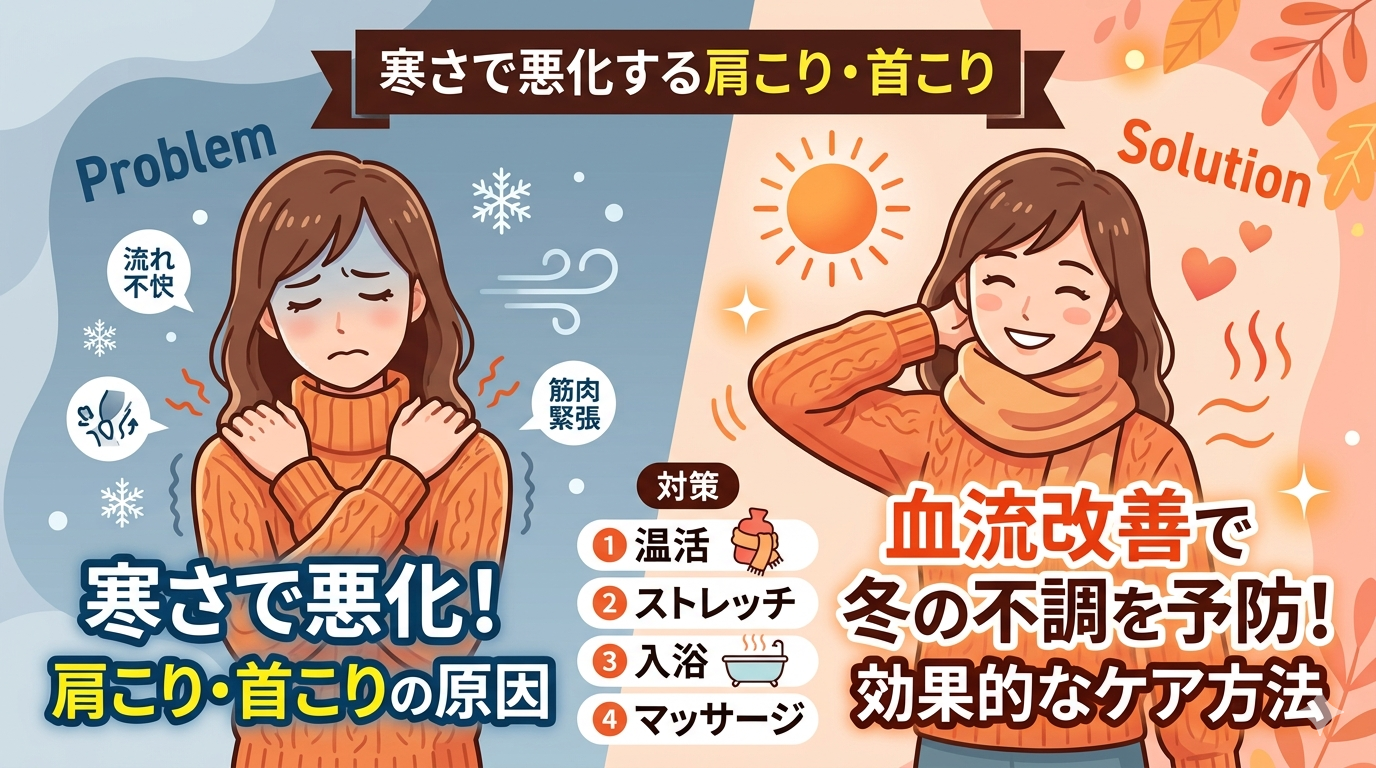 寒さで悪化する肩こりや首こりの原因と血流改善による効果的なケア方法を示したイメージ
