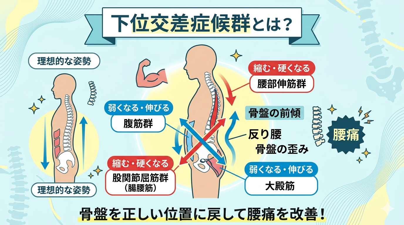 下位交差症候群による骨盤の歪みや筋肉バランスの崩れが腰痛や反り腰を引き起こす原因を示したイメージ