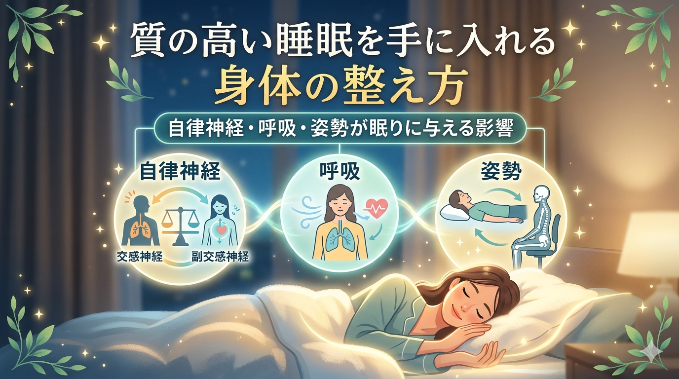 質の高い睡眠のための身体の整え方として自律神経・呼吸・姿勢が眠りに与える影響を示したイメージ