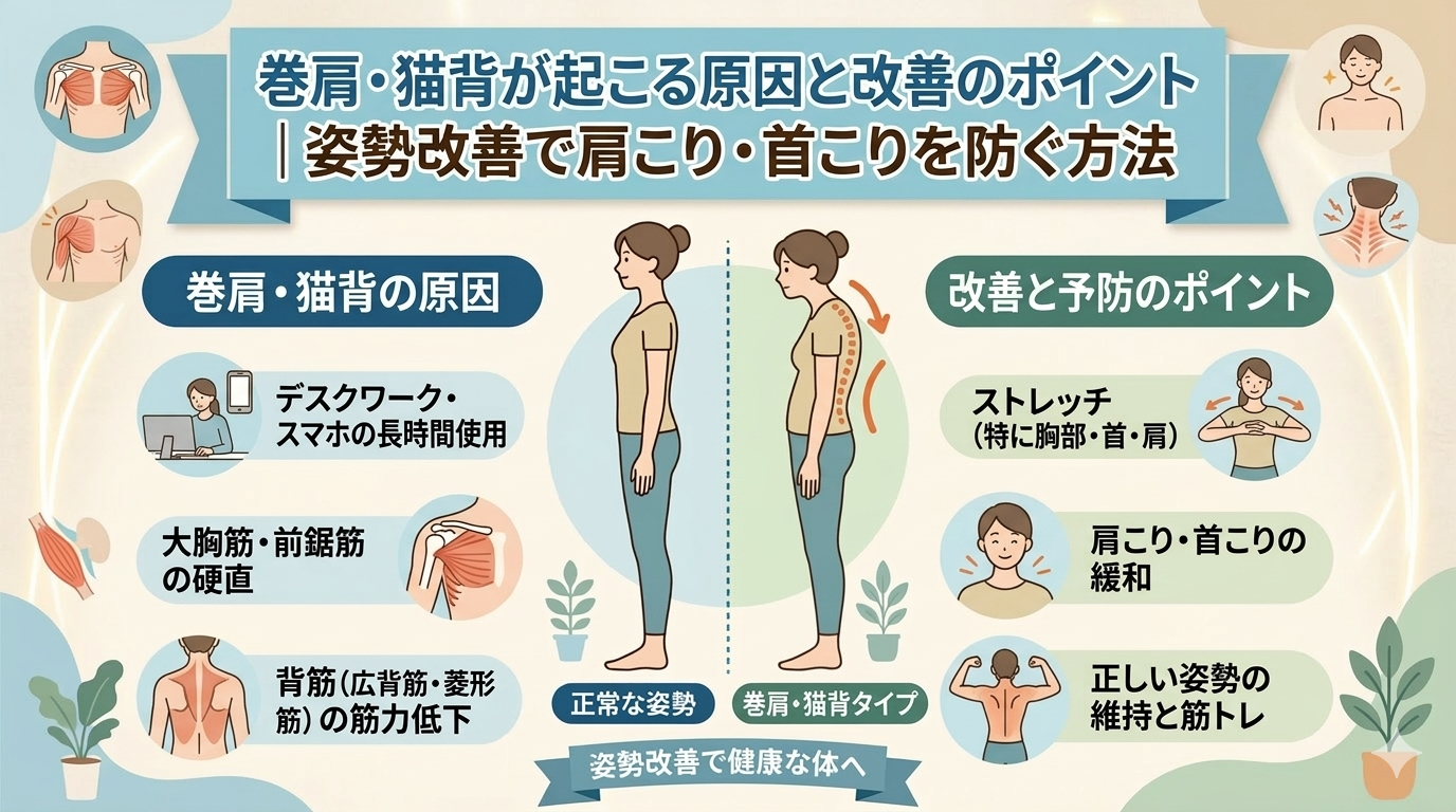 巻き肩や猫背の原因と姿勢改善のポイント、肩こりや首こりを防ぐ方法を示したイメージ