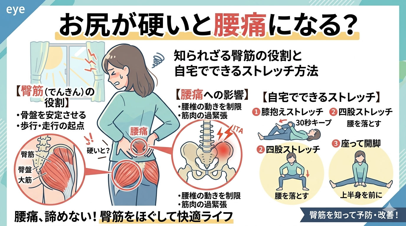 お尻の筋肉（殿筋）の硬さが腰痛につながる原因と自宅でできるストレッチ方法を示したイメージ