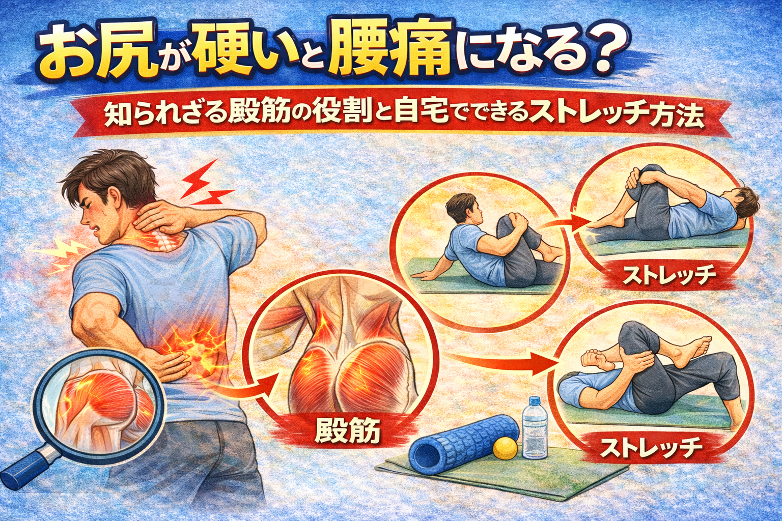 お尻（殿筋）が硬くなることで腰痛が起こる原因や、殿筋の役割と自宅でできるストレッチ方法を解説するアイキャッチ画像。腰とお尻の筋肉の関係をイラストで示した健康解説イメージ。