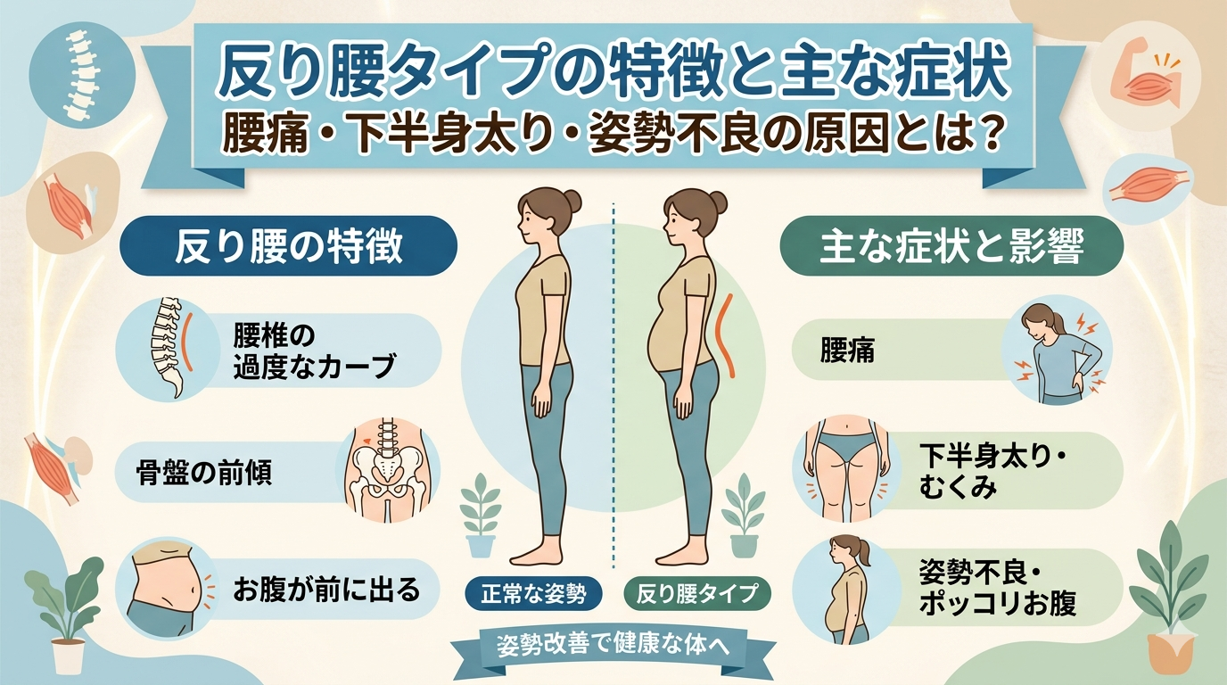 反り腰の特徴（腰の過剰な反り・骨盤前傾）と腰痛や下半身太りの原因を示したイメージ
