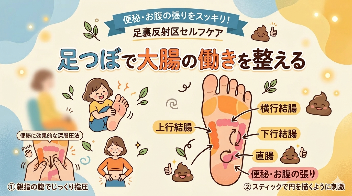 大腸の働きを整える足つぼを解説｜便秘やお腹の張りの改善に役立つ足裏反射区セルフケア