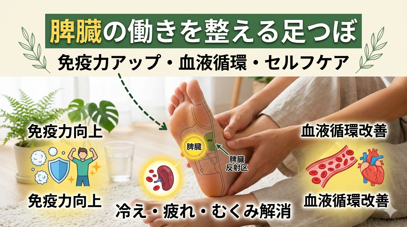 脾臓の働きを整える足つぼを解説｜免疫力向上や血液循環のサポートに役立つ足裏反射区セルフケア
