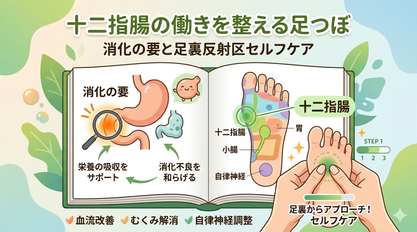十二指腸の働きを整える足つぼを解説｜消化の要となる臓器をサポートする足裏反射区セルフケア