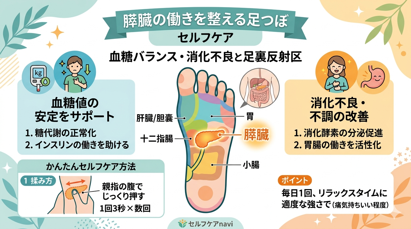 膵臓の働きを整える足つぼを解説｜血糖バランスの調整や消化不良のケアに役立つ足裏反射区セルフケア