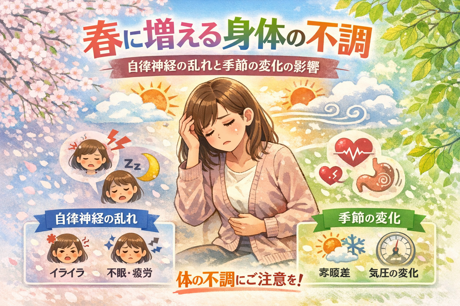 春に増える身体の不調｜自律神経の乱れや寒暖差・気圧の変化によって起こる頭痛や疲労など春特有の体調不良を解説するイメージ画像