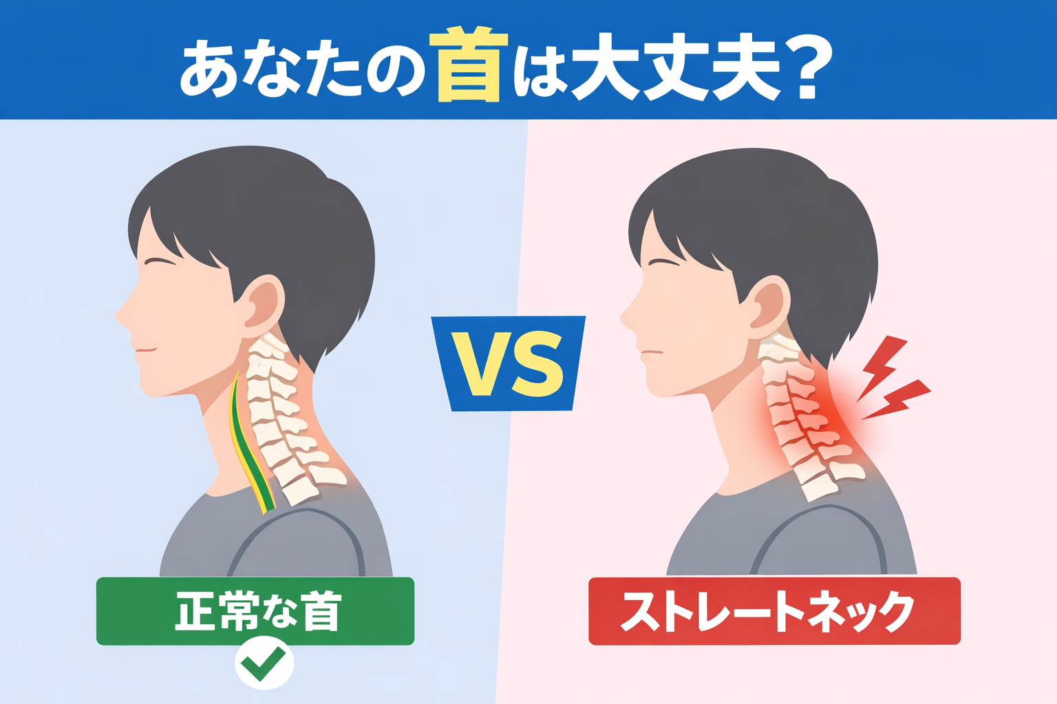 正常な首のカーブとストレートネックの姿勢を比較