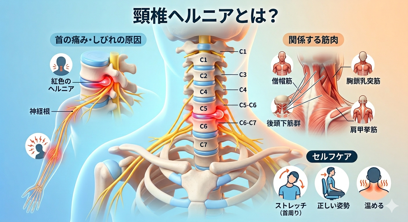 頸椎ヘルニアによる首の痛みと神経圧迫のイメージ